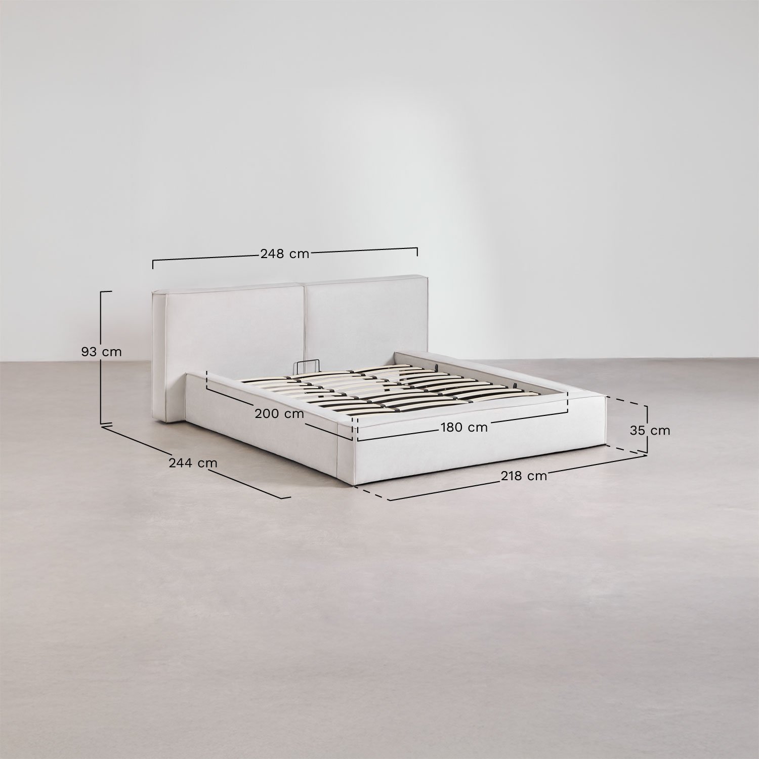 Cama com estrado elevatório estofada Lunari, Dimensões