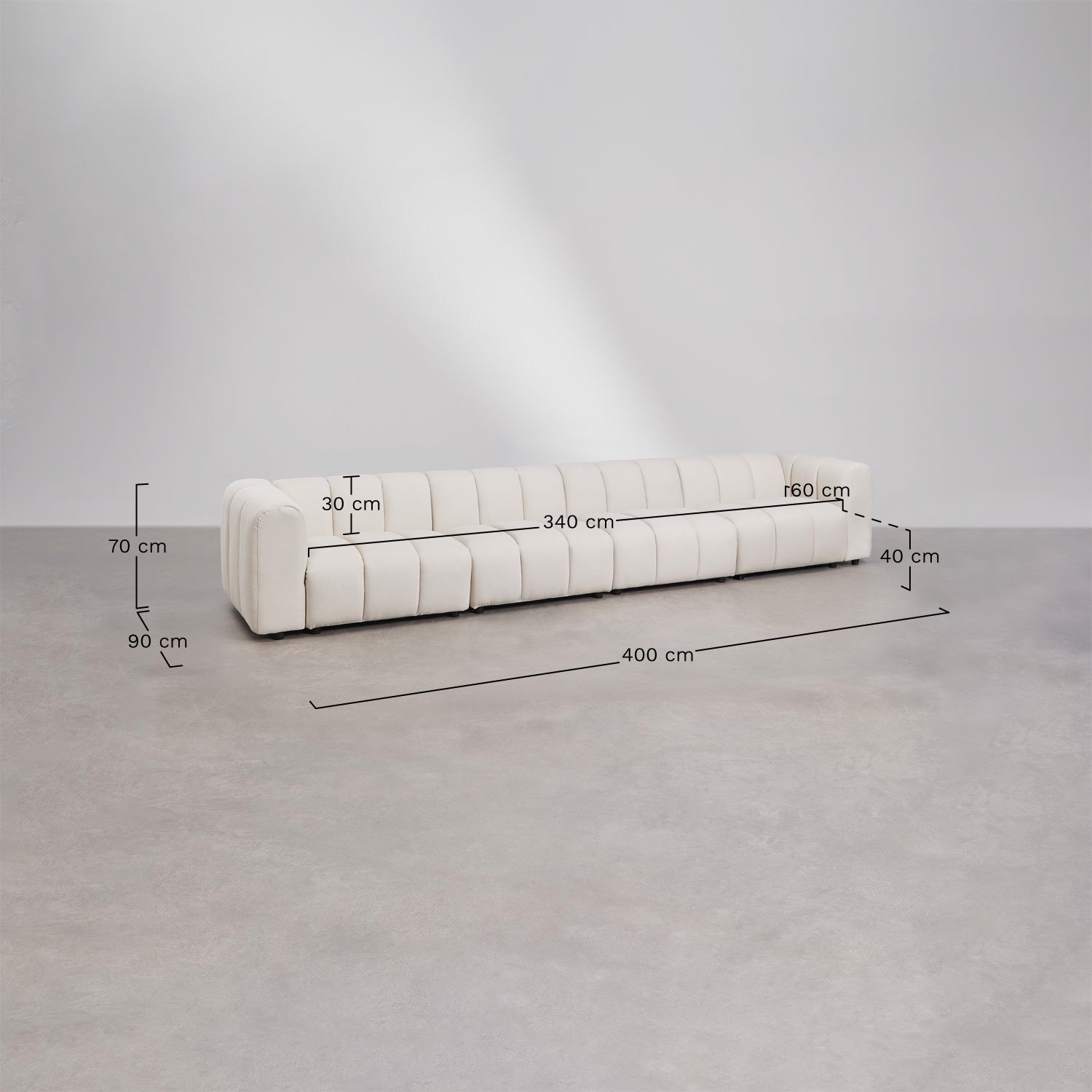 Sofá e pufe modular de 4 peças em tecido Eliot bouclé, Dimensões