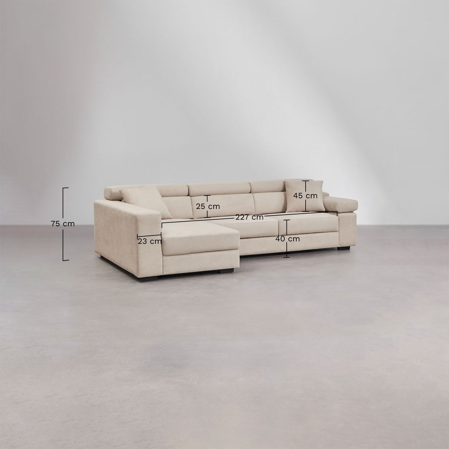 Sofá chaise longue esquerdo de 3 lugares com encosto de cabeça regulável e assentos deslizantes Aramis , Dimensões