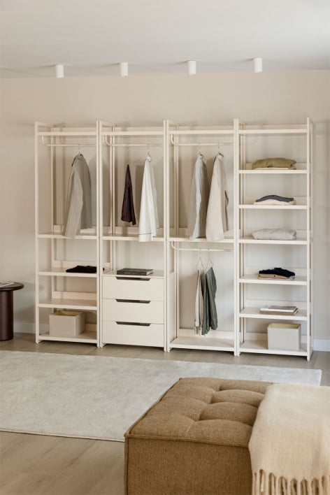 Guarda-roupa modular aberto Velunis de 4 peças com prateleiras de ferro