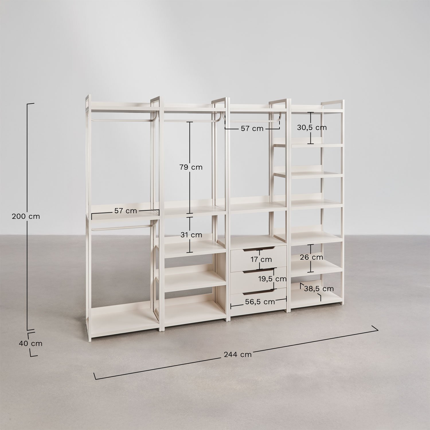 Guarda-roupa modular aberto Velunis de 4 peças com prateleiras de ferro, Dimensões
