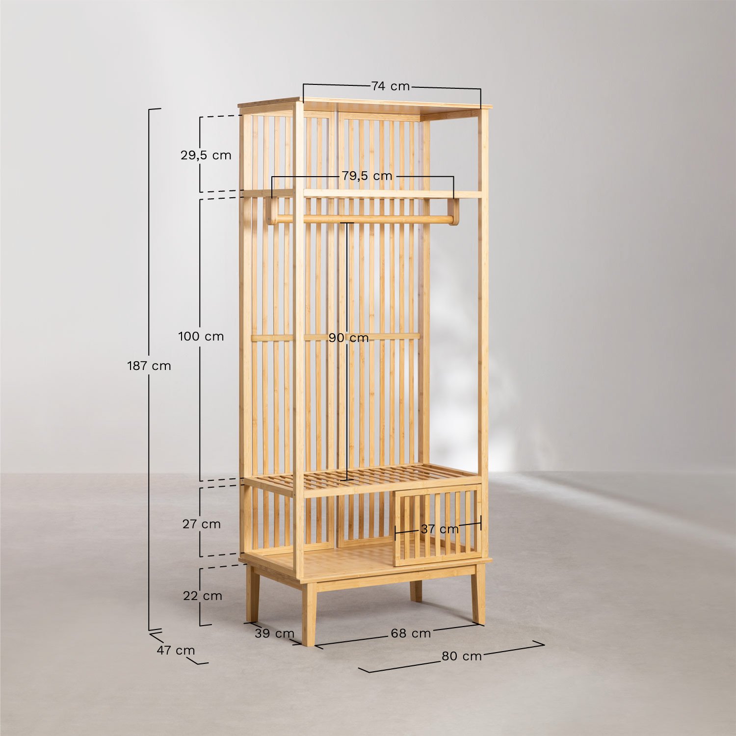 Guarda-roupa aberto Albin com sapateira de bambu, Dimensões