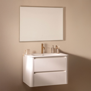 Conjunto De Móvel De Casa De Banho Suspenso Em Madeira Com Lavatório Integrado Egerton Branco & Led Retangular E Anti-embaciamento 100x70 Cm - Sklum