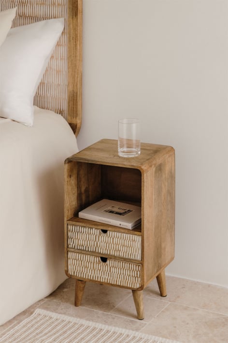 Mesa de cabeceira retangular 30x25 cm em madeira de manga Yulara - Natural - Branco