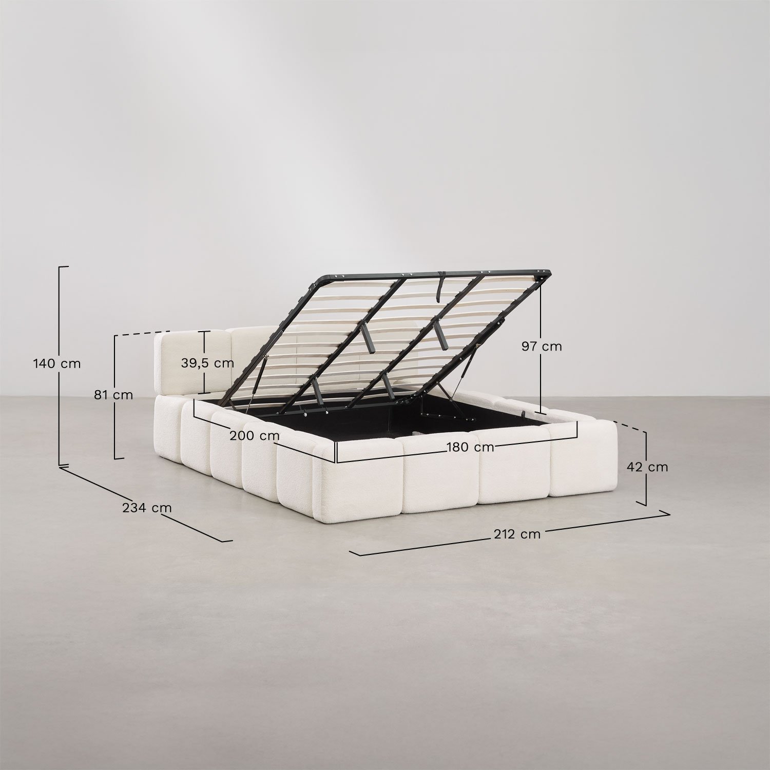 Cama com canapé abatível estofada Jolcem, Dimensões