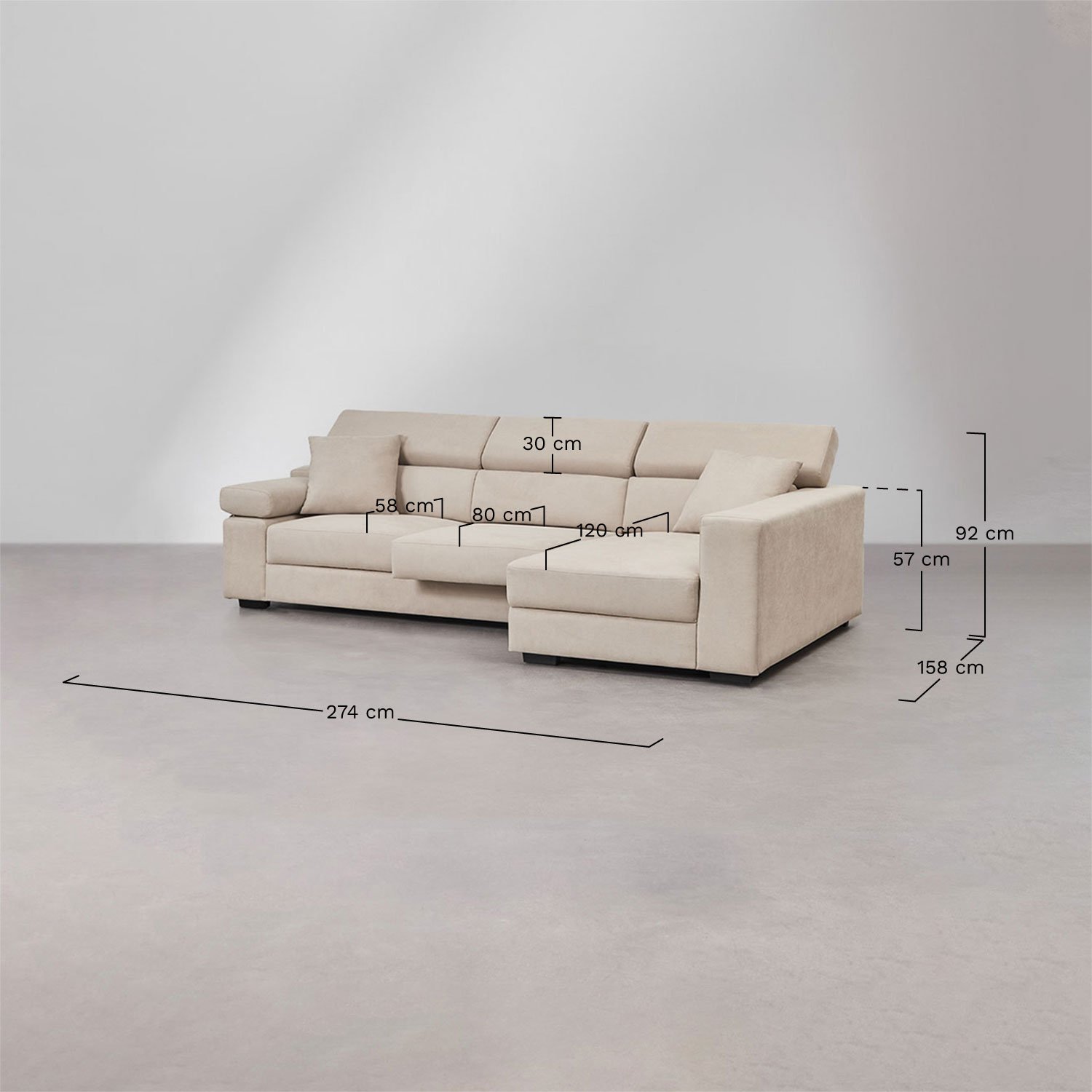 Sofá chaise longue direito de 3 lugares com encosto de cabeça regulável e assentos deslizantes Aramis, Dimensões