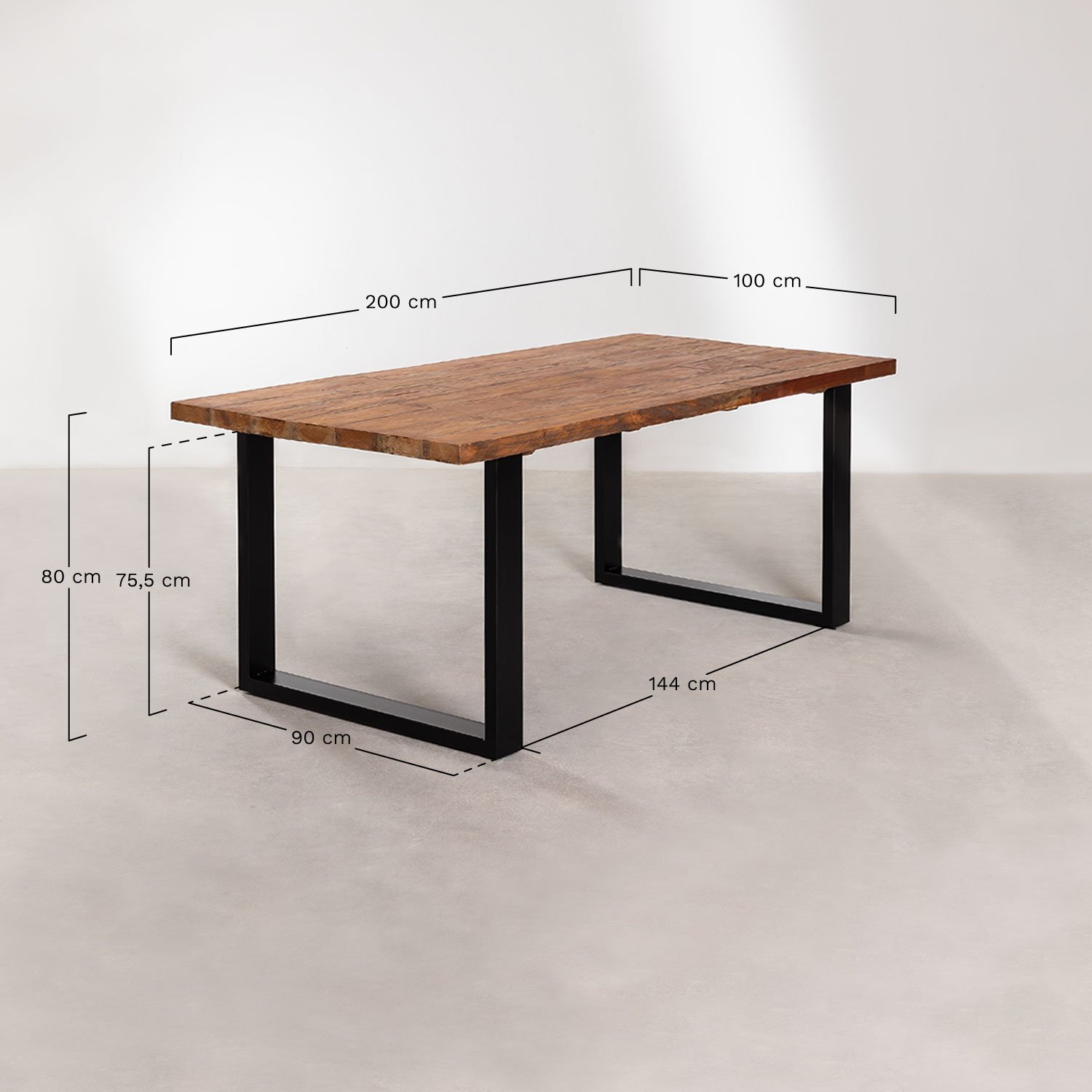 Rectangular dining table 200x100 cm in acacia wood and steel Milet, Dimens&otilde;es