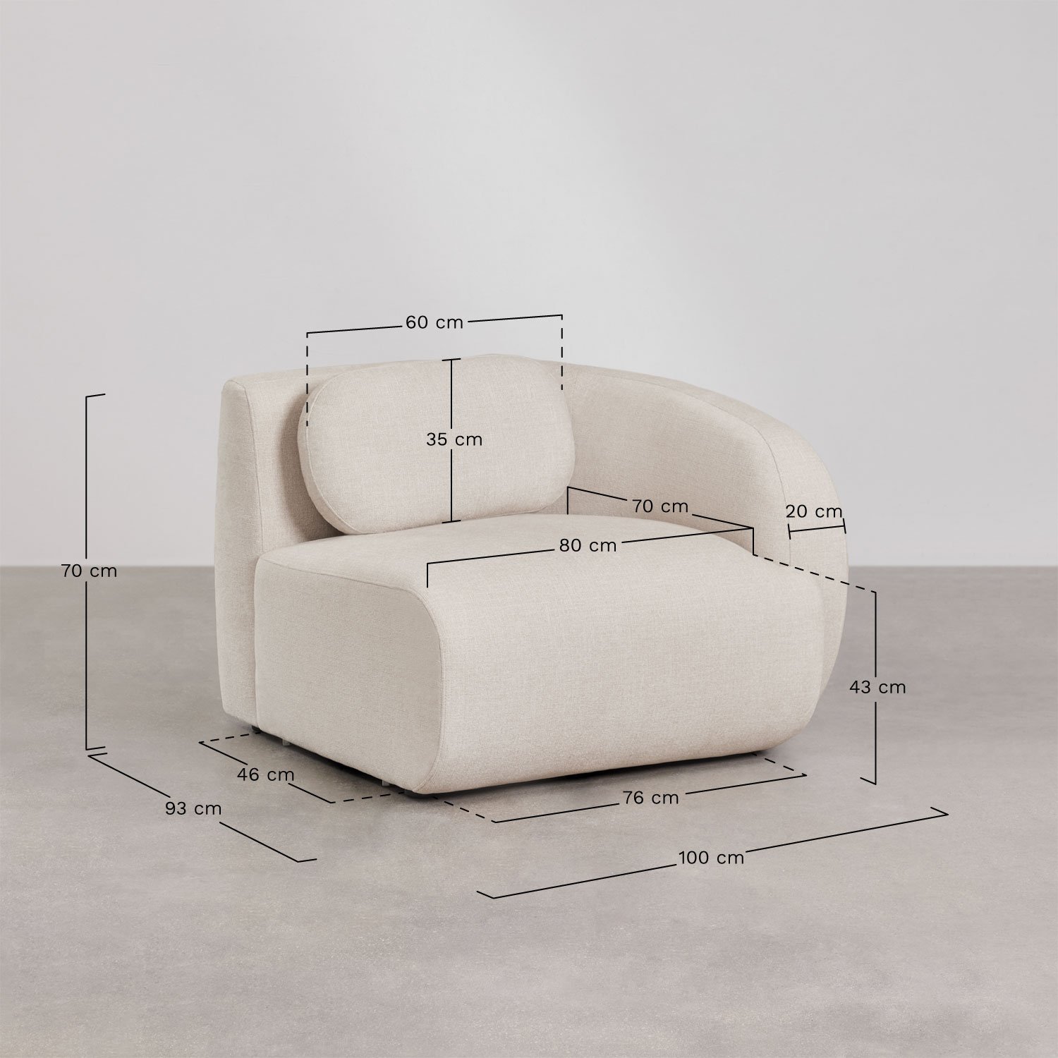 Módulo de canto direito para sofá modular em chenille Marrakech, Dimensões