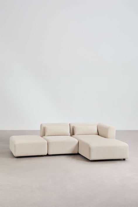 Sofá modular chaise longue direito de 2 peças com pufe Fogler - Bombazina Crema Linho
