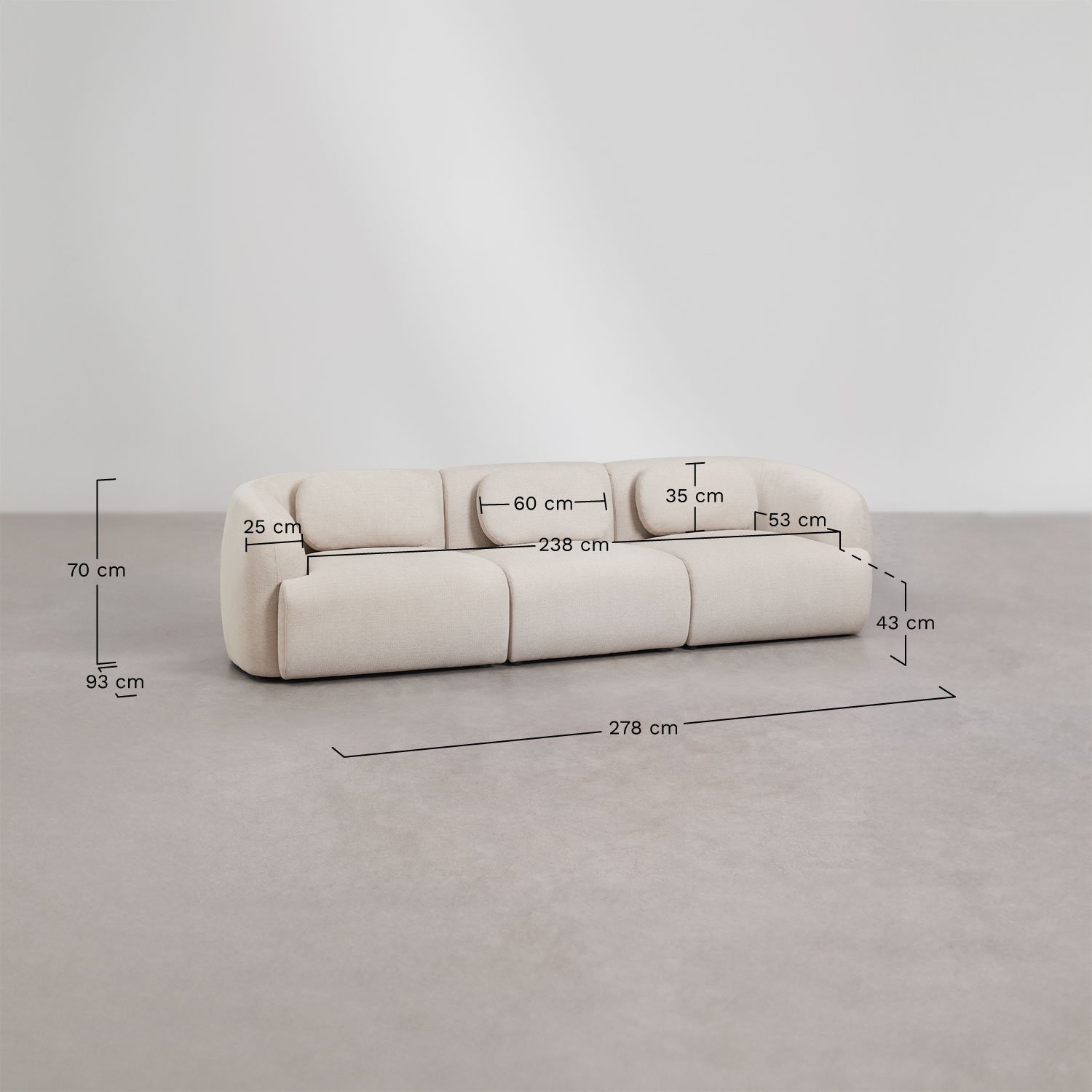 Sofá modular de 3 peças em chenille Coquette, Dimensões