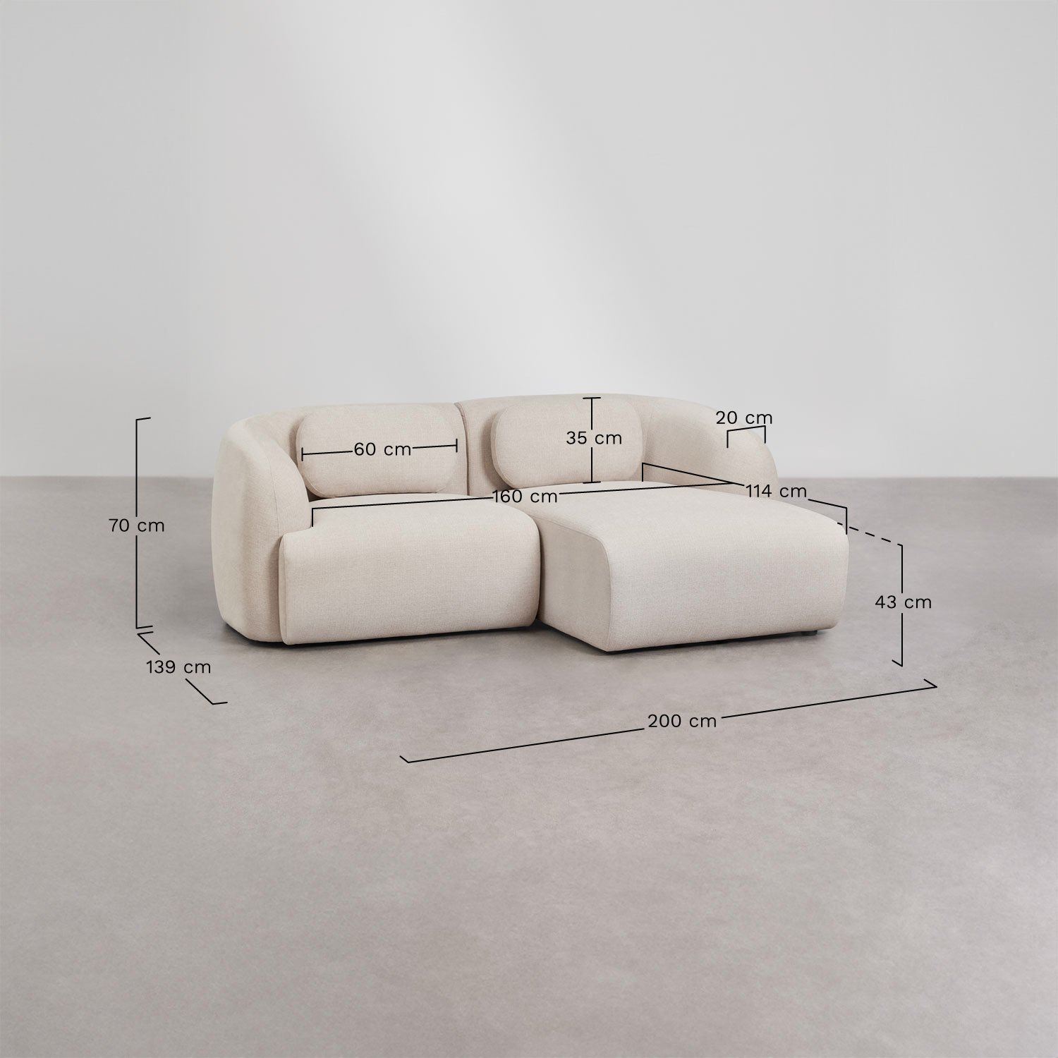 Sofá modular chaise longue direito de 2 peças em chenille Coquette, Dimensões