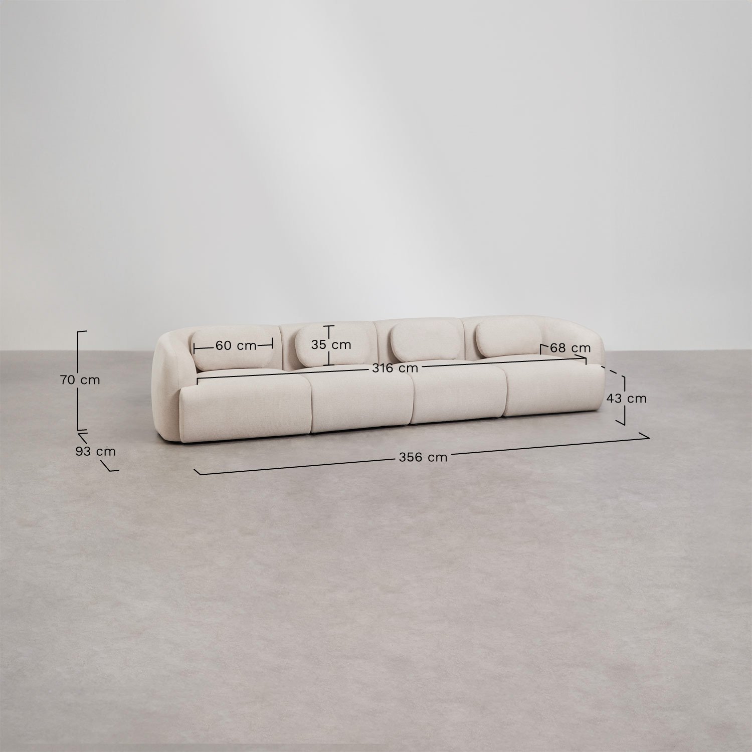 Sofá modular de 4 peças em chenille Coquette, Dimensões