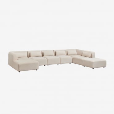 Sofá Modular Chaise Longue Esquerdo De 6 Peças Com Puff Fogler Bombazina Crema Linho - Sklum