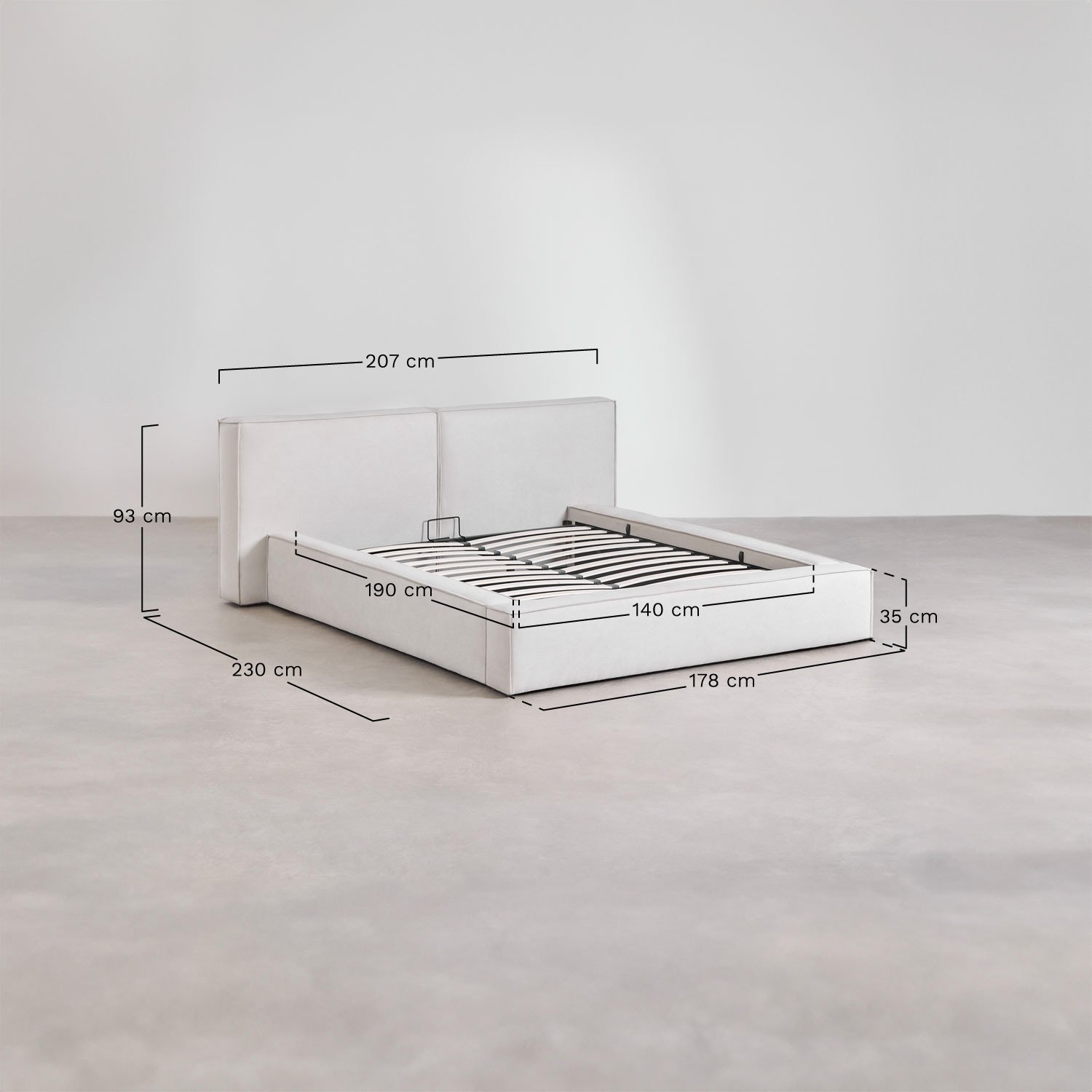 Cama com estrado elevatório estofada Lunari, Dimensões