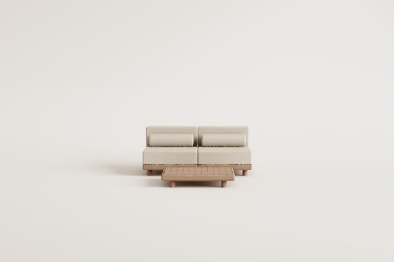 Conjunto de jardim com sofá modular de 2 peças e mesa de centro em acácia Edrien