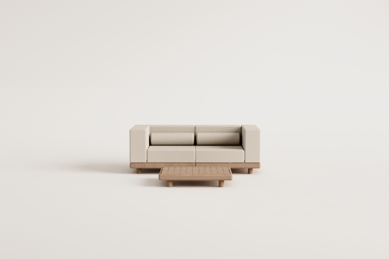 Conjunto de jardim com sofá modular de 2 peças com 2 módulos de canto e mesa de centro em acácia Edrien