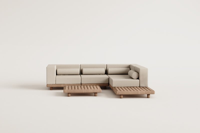 Conjunto de jardim com sofá modular de canto de 4 peças com 2 módulos de canto e 2 mesas de centro em acácia Edrien