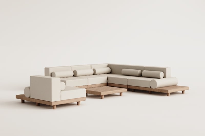 Conjunto de jardim com sofá modular de canto de 5 peças com mesas auxiliares e de centro e poltrona em acácia Edrien