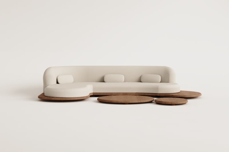 Conjunto de jardim com sofá modular chaise longue esquerdo de 3 peças e 2 mesas de centro em madeira de acácia Gerard