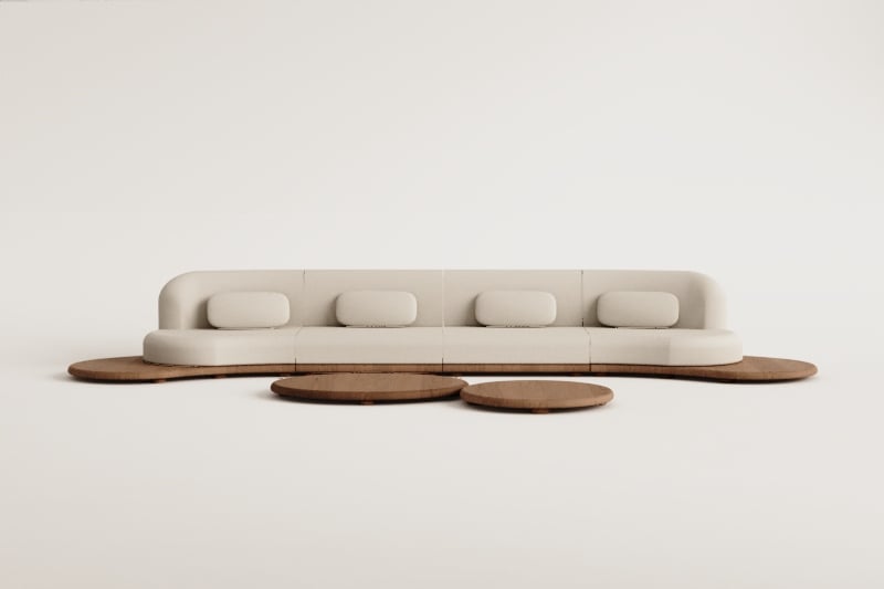 Conjunto de jardim com sofá modular reto de 4 peças e 2 mesas de centro em madeira de acácia Gerard