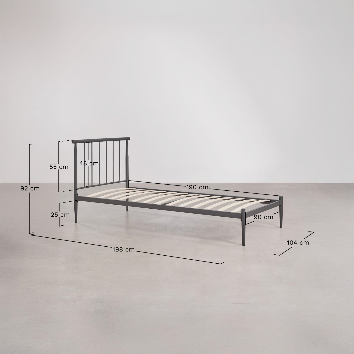 Cama de ferro Amaia, Dimensões