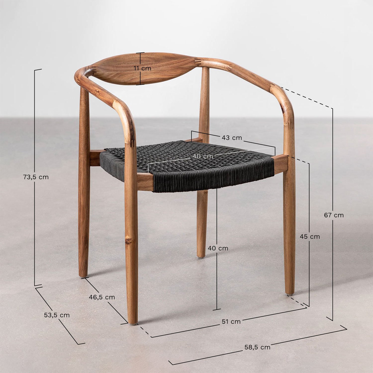 Conjunto de mesa retangular 270x110 cm em cimento Sirvon e 10 cadeiras de jardim com apoios de braços em madeira de acácia Mallo, Dimensões