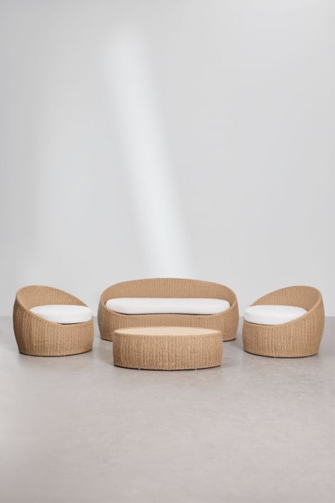 Conjunto de jardim com sofá de 3 lugares, 2 poltronas e mesa de centro em madeira de acácia e rattan sintético Clarnyx