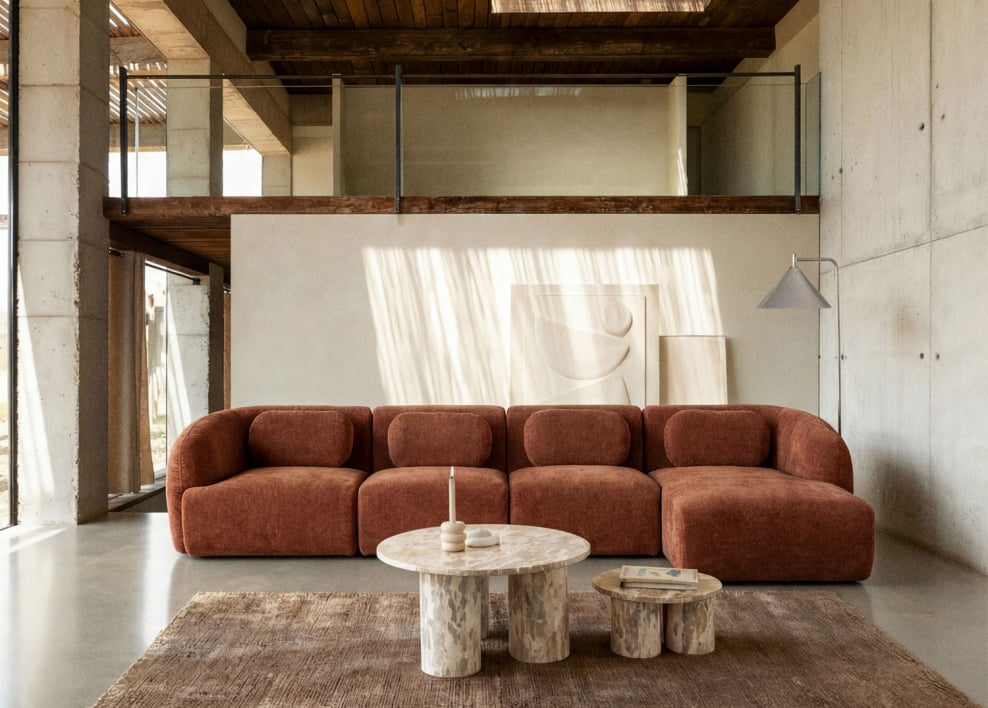 Sofá modular chaise longue direito de 4 peças em chenille Coquette - Chenille marrom ferrugem