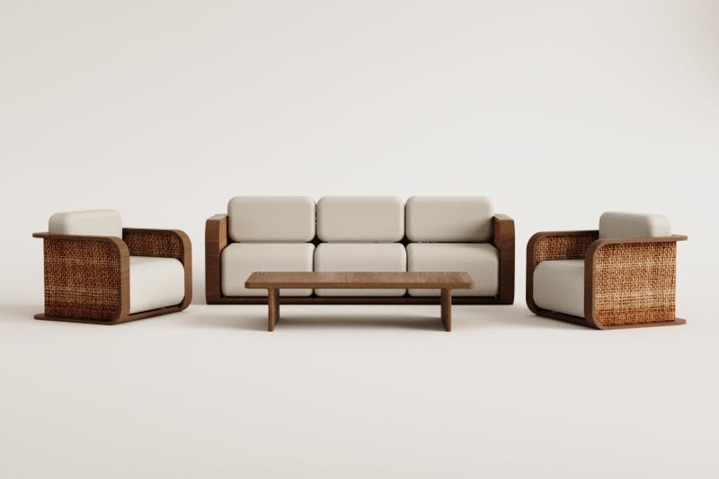 Conjunto de jardim com sofá de 3 lugares, 2 poltronas e mesa de centro em madeira de acácia Noira