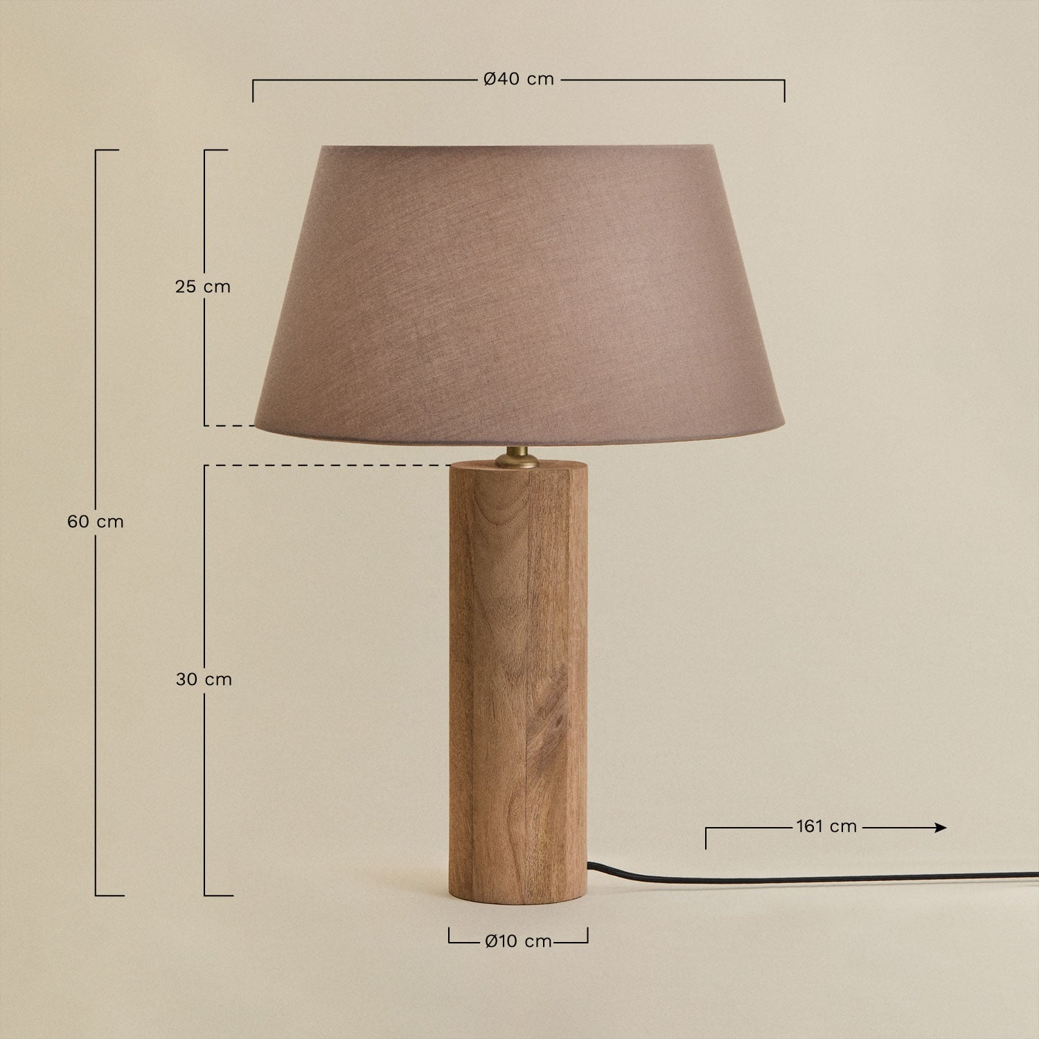 Luminária de mesa em madeira de manga Carolina, Dimens&otilde;es