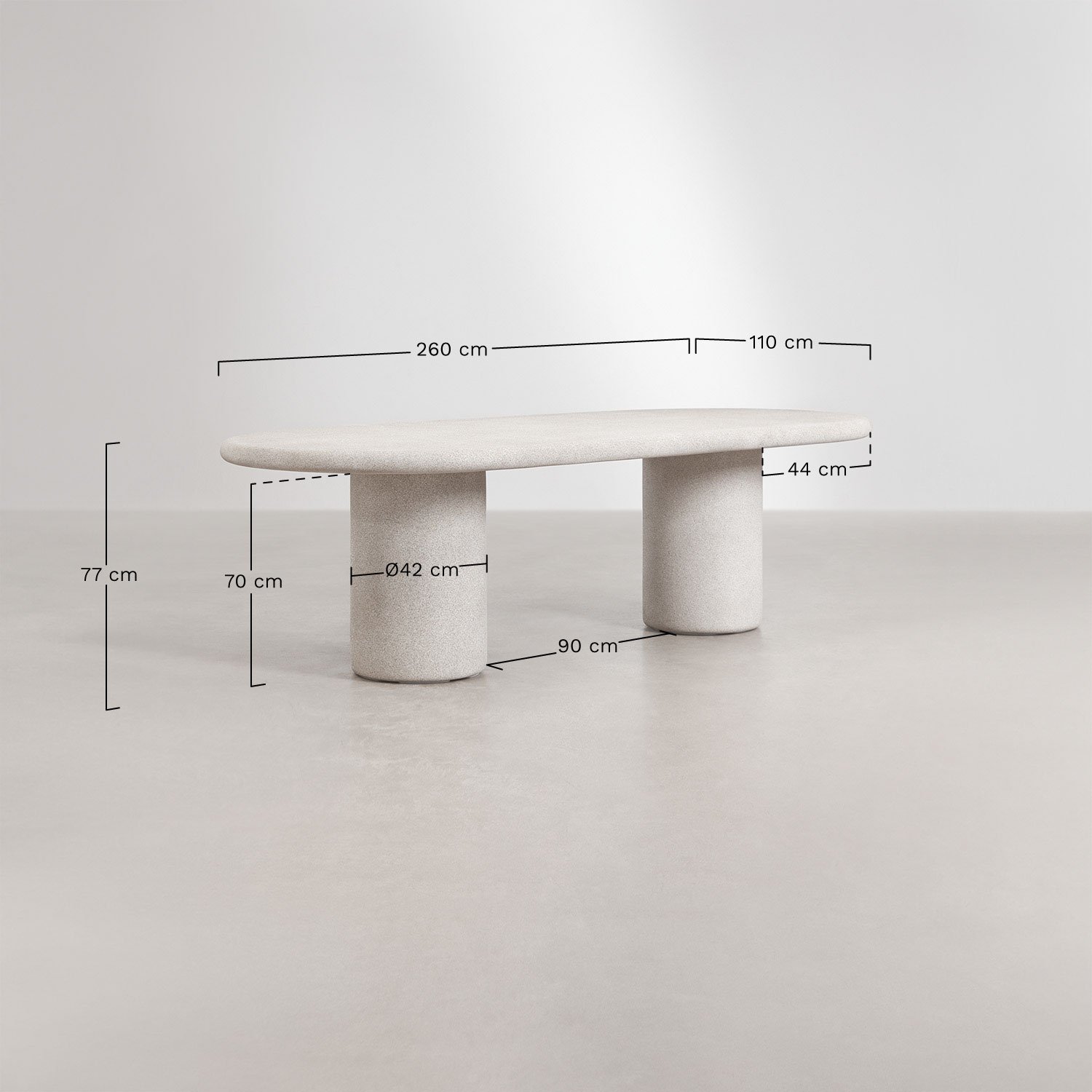 Mesa de jardim oval 260x110 cm em cimento Aurean, Dimens&otilde;es