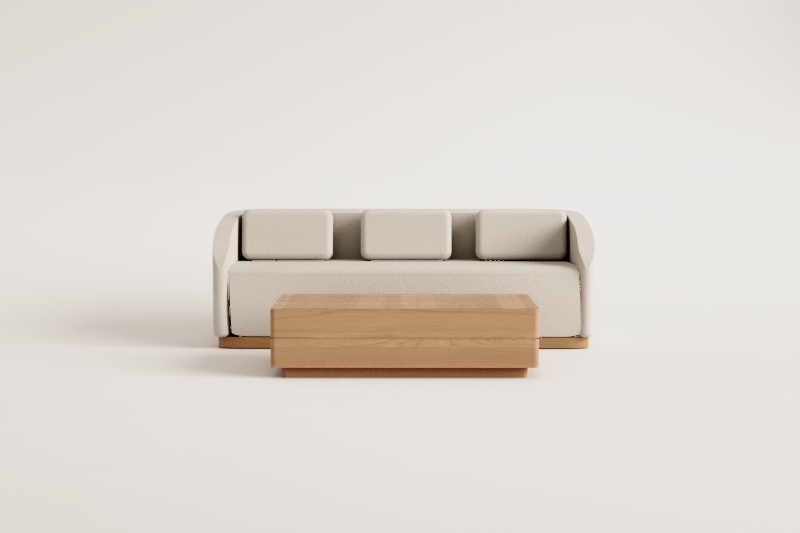 Conjunto de sala com sofá de 3 lugares e mesa de centro retangular 130x75 cm em madeira de acácia Verona