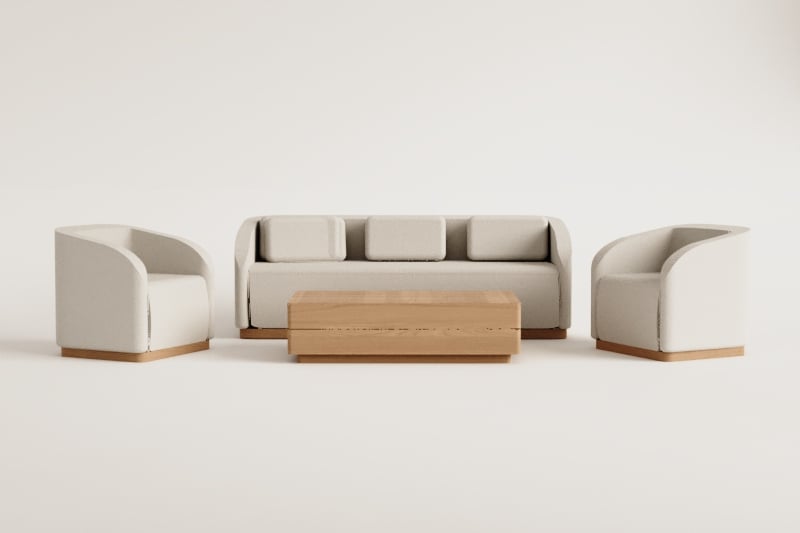 Conjunto de sala com sofá de 3 lugares, 2 poltronas e mesa de centro retangular 130x75 cm em madeira de acácia Verona