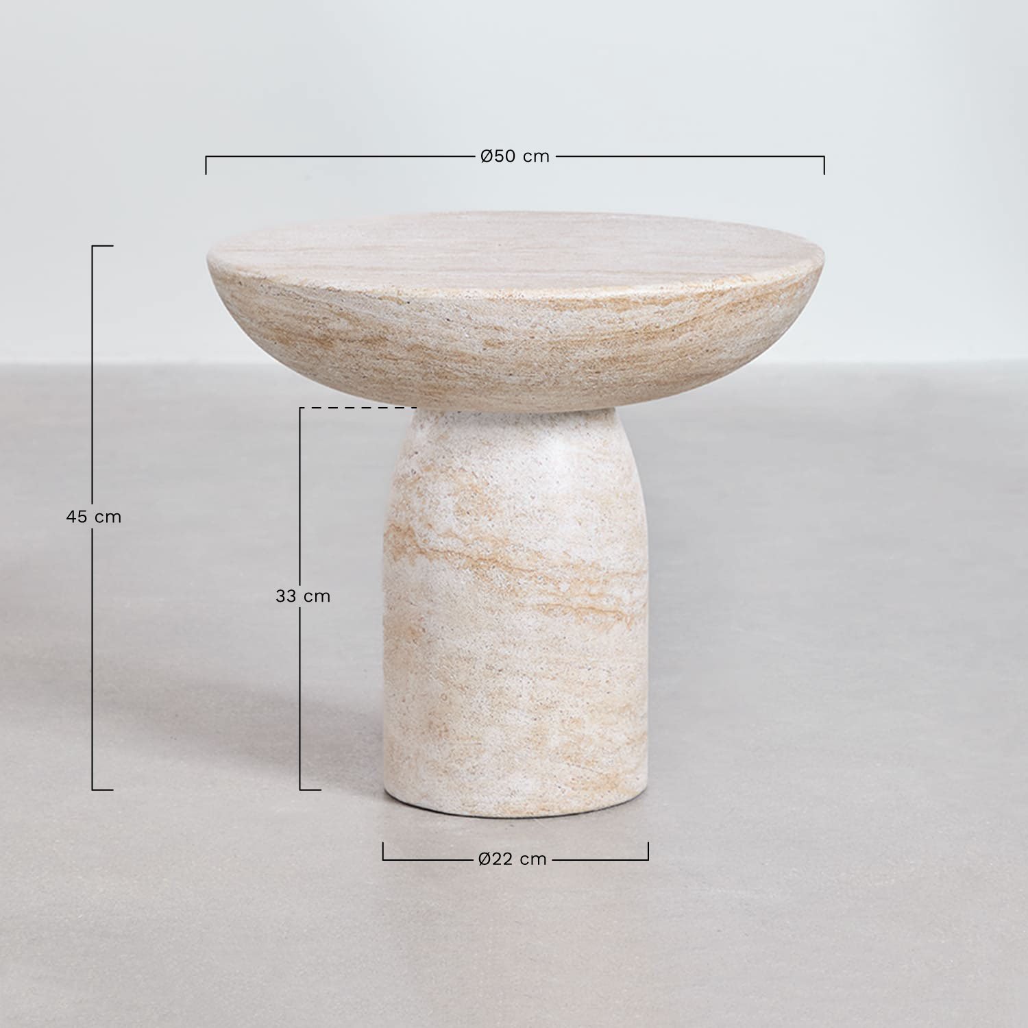 Mesa auxiliar redonda Ø50 cm em cimento look travertino Zenadia, Dimens&otilde;es