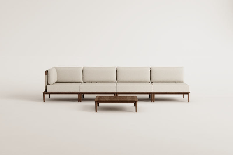 Conjunto de sala com sofá modular de canto de 4 peças e mesa de centro em acácia Giulia