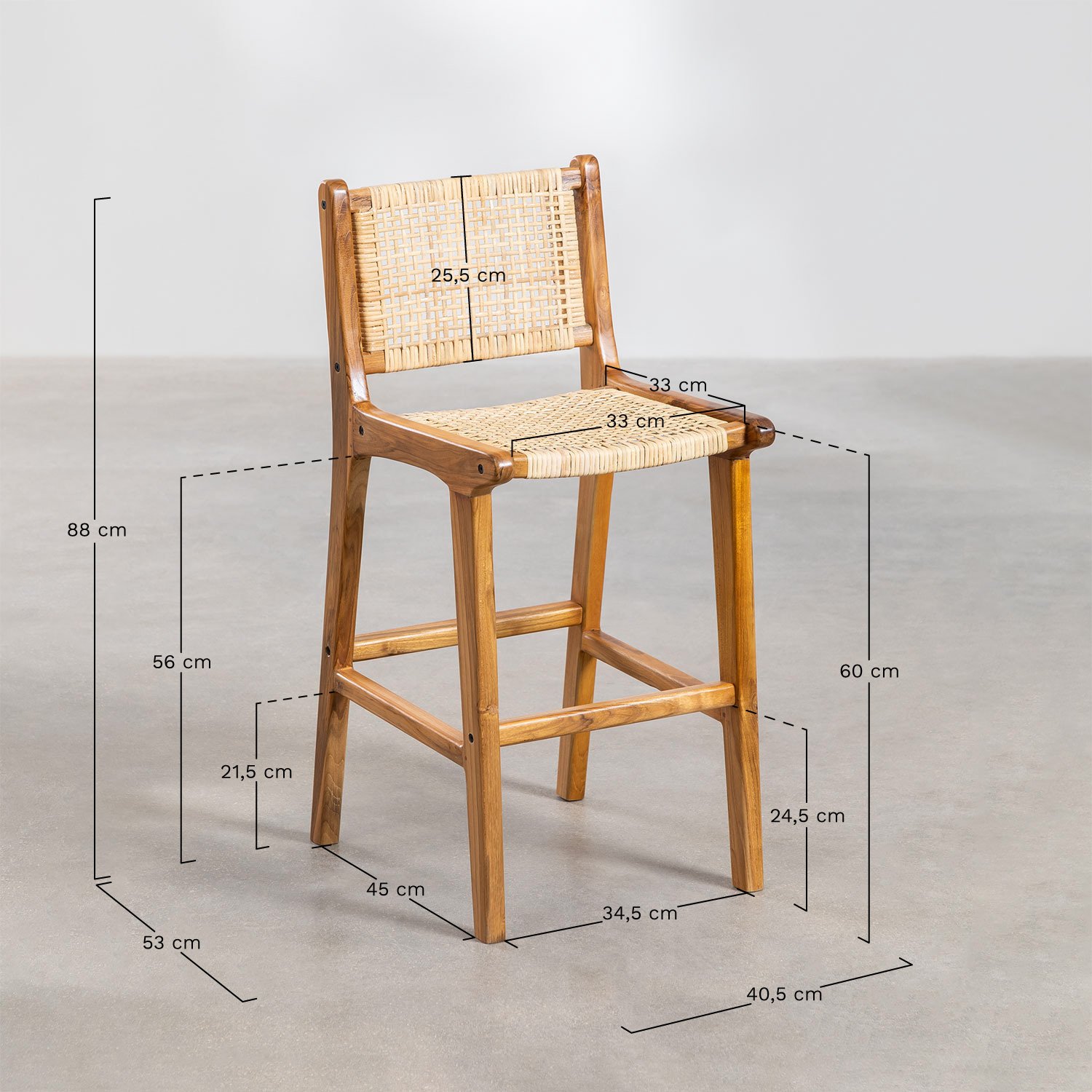 Banco alto 60 cm em madeira de teca Catua, Dimens&otilde;es