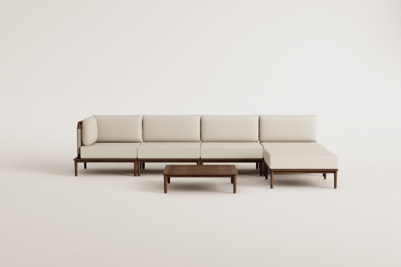 Conjunto de sala com sofá modular de canto de 4 peças, mesa de centro e puff em acácia Giulia