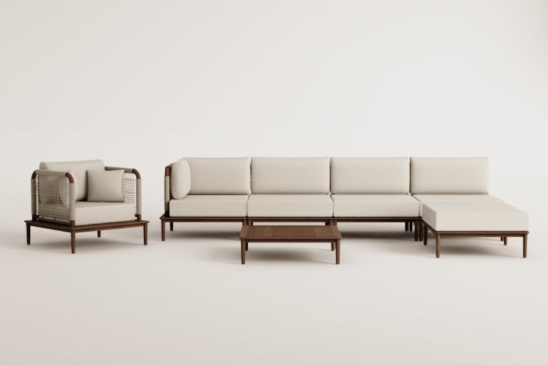 Conjunto de sala com sofá modular de canto de 4 peças, mesa de centro, puff e poltrona em acácia Giulia