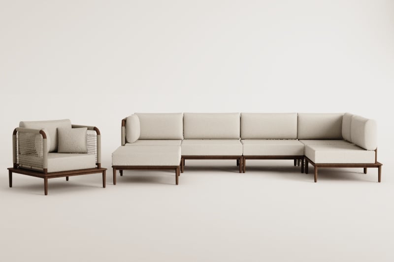 Conjunto de sala com sofá modular de canto de 5 peças com puff e poltrona em acácia Giulia