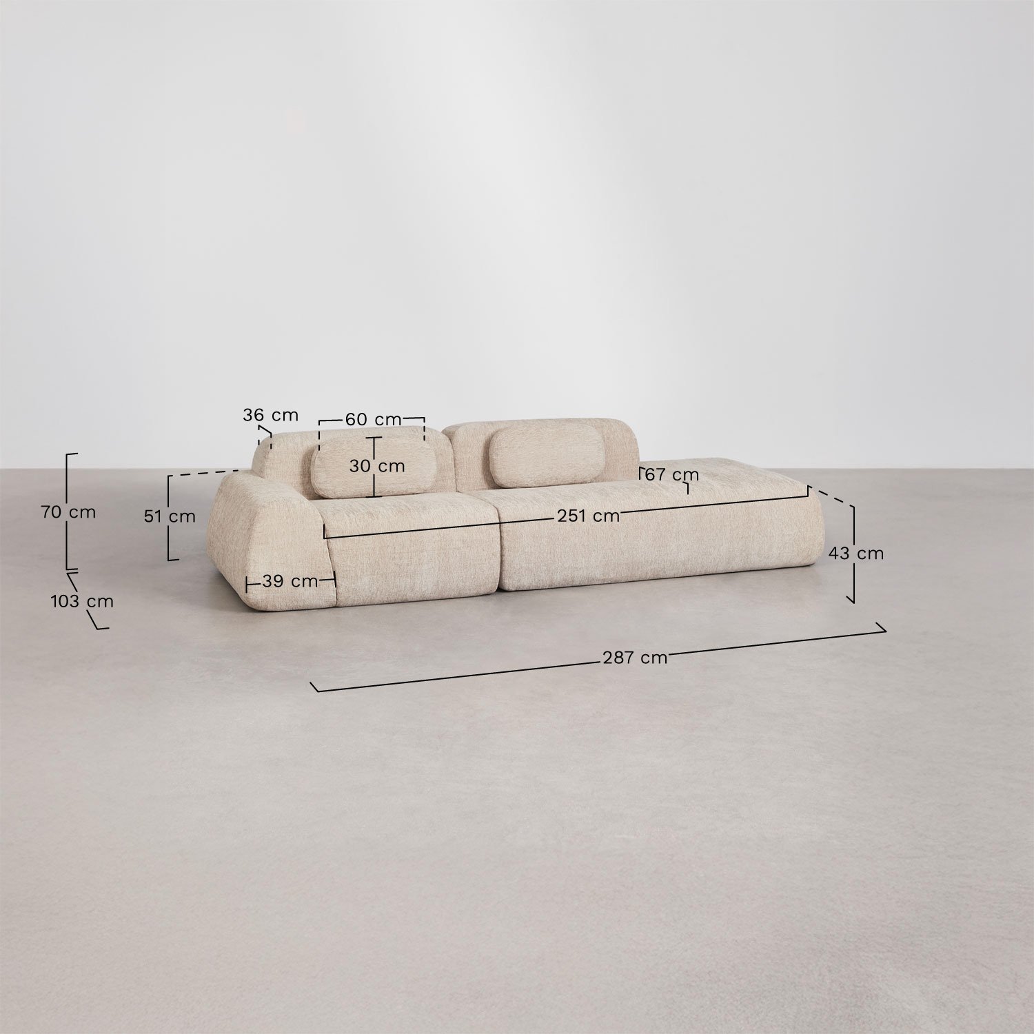 Sofá modular de canto em 2 peças com chaise longue direito em chenille embalado a vácuo Mérida, Dimens&otilde;es