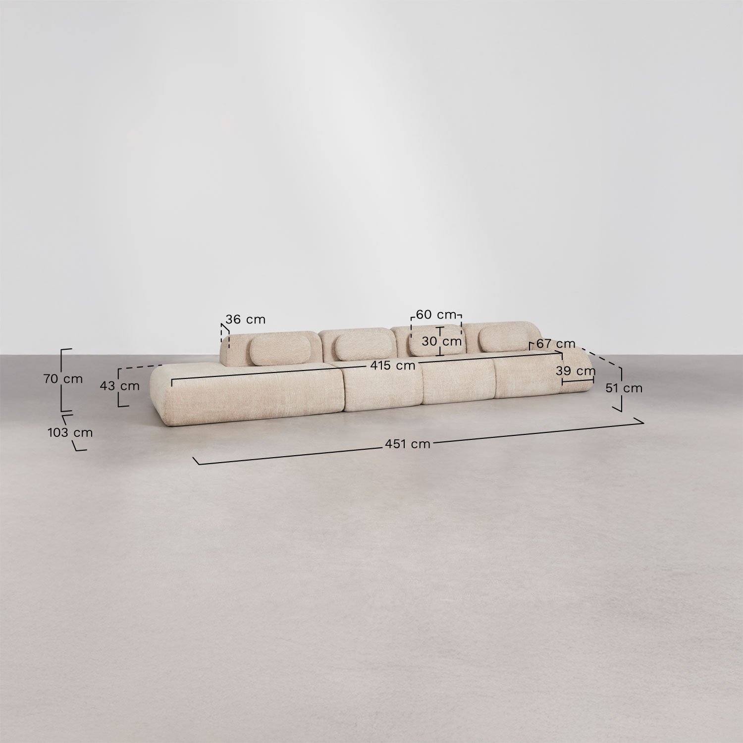 Sofá modular de canto em chenille de 4 peças com chaise longue à esquerda embalado a vácuo Mérida, Dimens&otilde;es