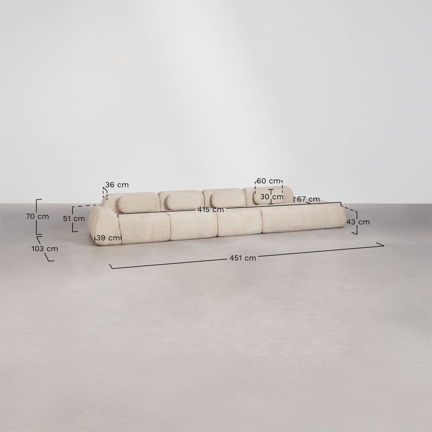 Sofá modular de canto em chenille de 4 peças com chaise longue direita embalado a vácuo Mérida, Dimens&otilde;es