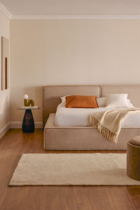 Cama com arrumação para colchão 160x200cm em chenille branco sujo Lunari