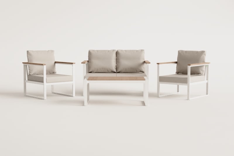 Conjunto de jardim com sofá de 2 lugares, 2 poltronas e mesa de centro em alumínio e madeira de acácia Lipov.