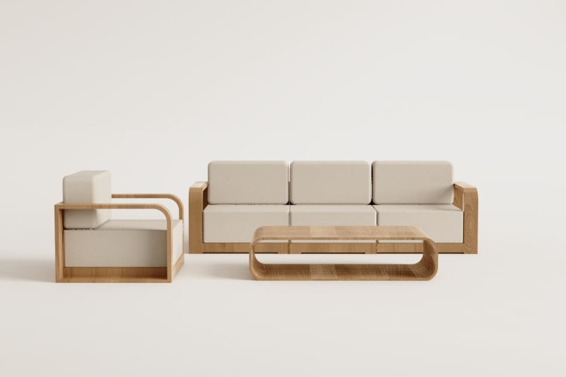 Conjunto de jardim com sofá modular de 3 peças com apoios de braços, poltrona e mesa de centro em madeira de acácia Brivori