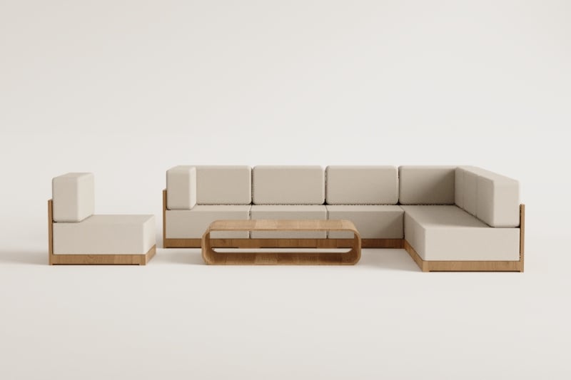 Conjunto de jardim com sofá modular de canto de 6 peças, poltrona e mesa de centro em madeira de acácia Brivori