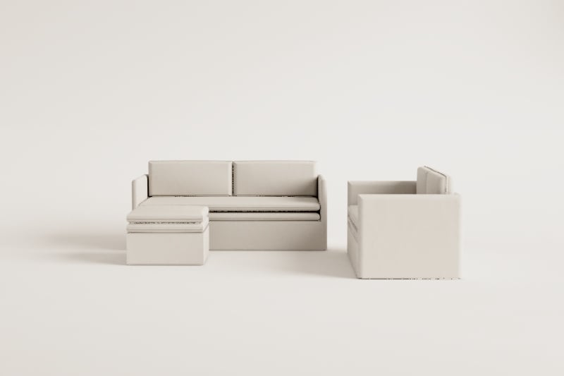 Conjunto de sala de estar com sofá de 2 lugares, sofá de 3 lugares e pufe em linho e algodão Grace