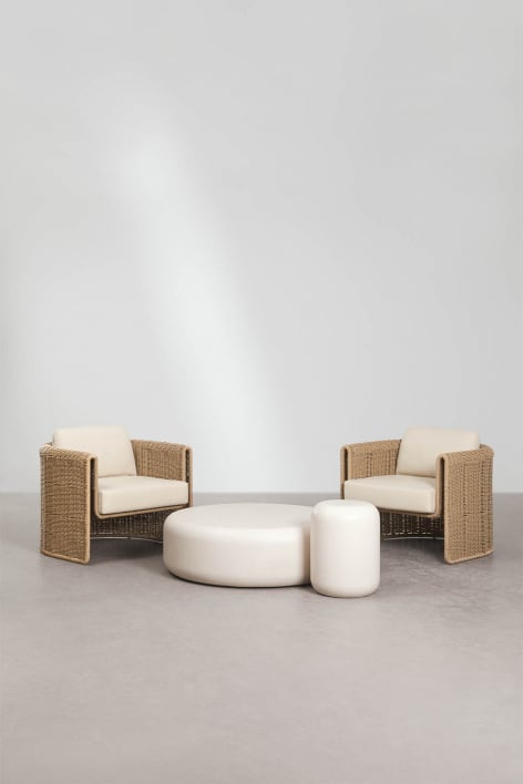 Conjunto de sala com 2 poltronas em aço e vime sintético Lina e 2 mesas de centro em cimento Fonelas