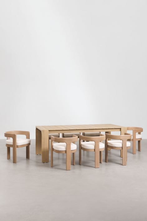 Set de mesa retangular 220x100 cm em madeira de acácia Mirelen e 8 cadeiras de jantar em madeira de acácia e tecido bouclé Kandr