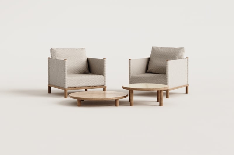 Conjunto de sala com 2 poltronas e 2 mesas de centro redondas em madeira de acácia Olivia